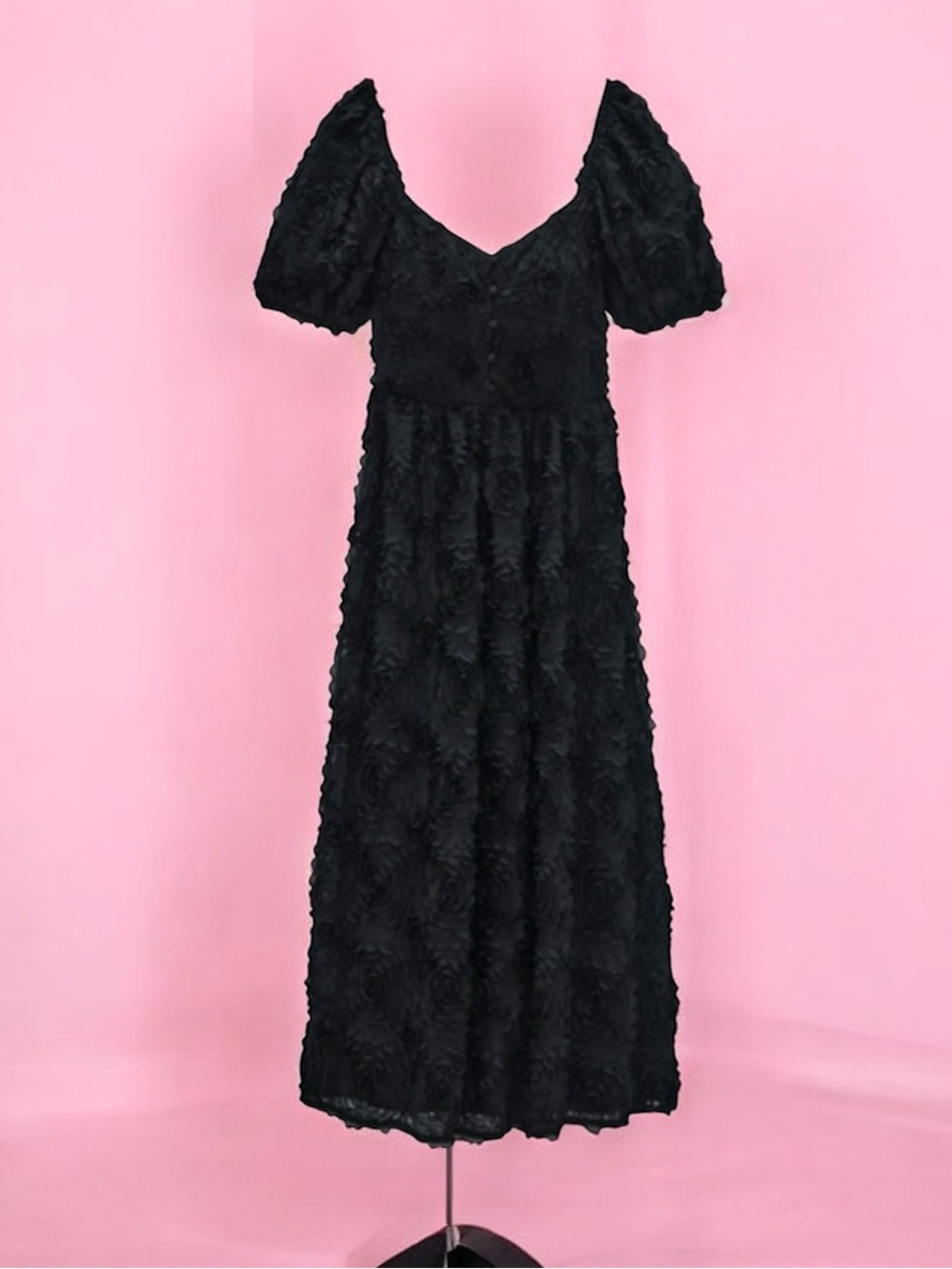 Romantic Black Floral Texture Midi Dress Small BNWT